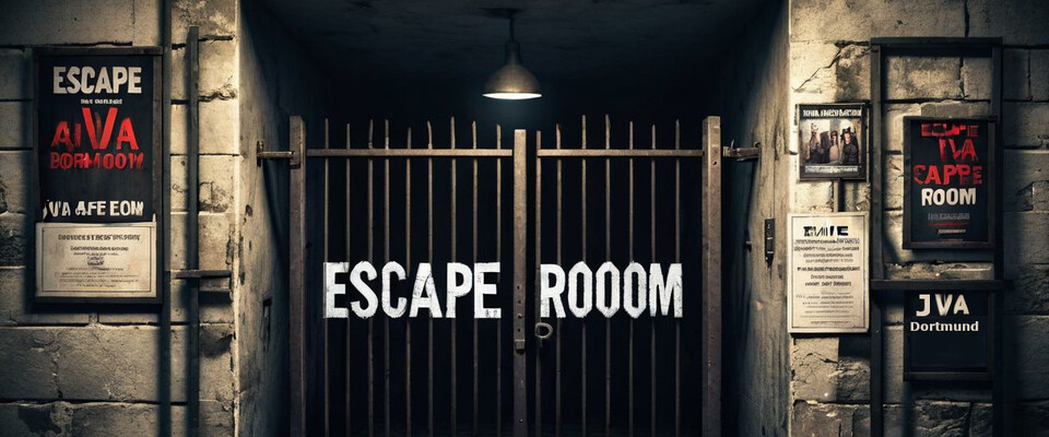 Abbildung zeigt ein vergittertes Gefängnistor mit der Aufschrift "Escape Room".