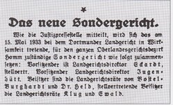 Zeitungsartikel über die Einrichtung des Sondergerichtes in Dortmund